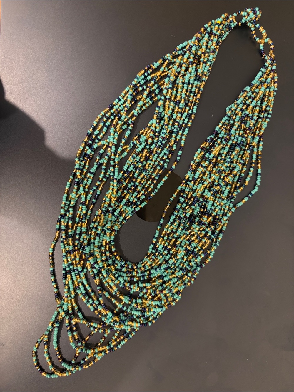 Multistrand Turquoise and Gold Seed Bead Necklace - Women Jewelry